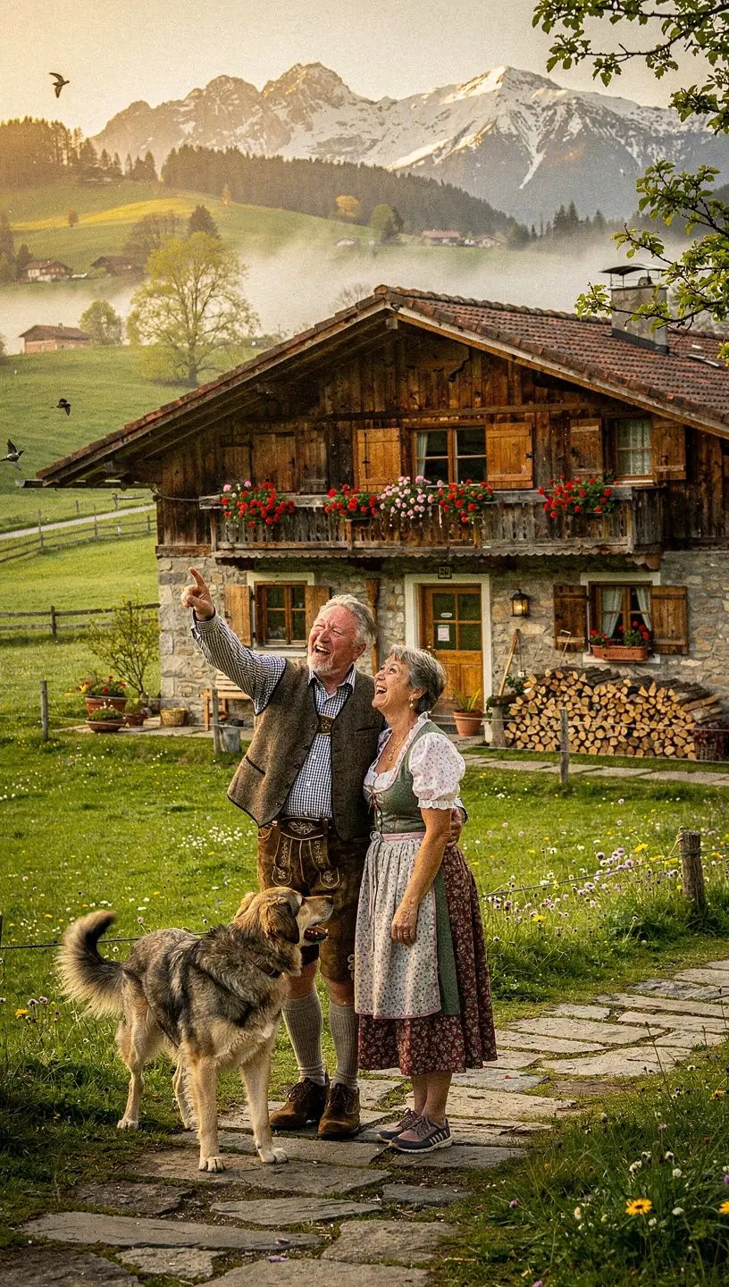 Ein historisches Bauernhaus mit blühendem Garten und weitem Blick auf die Alpen.
