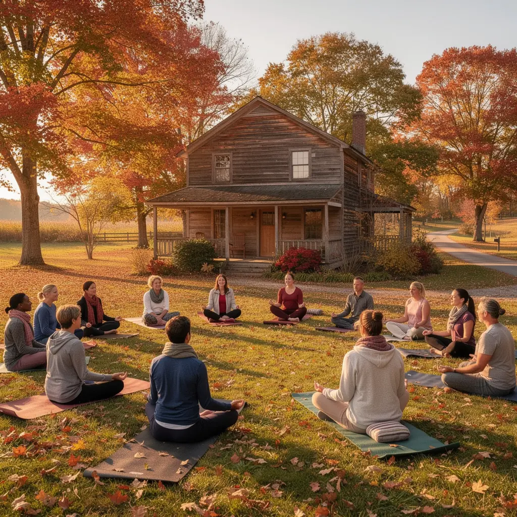Ein malerischer Sonnenuntergang hinter einem traditionellen Bauernhof, der eine friedliche Atmosphäre schafft.
